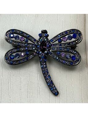 VTG 1.75" Blue/Purple Rhinestone Dragonfly Insect BROOCH Pin Pinback Jewelry EUC
